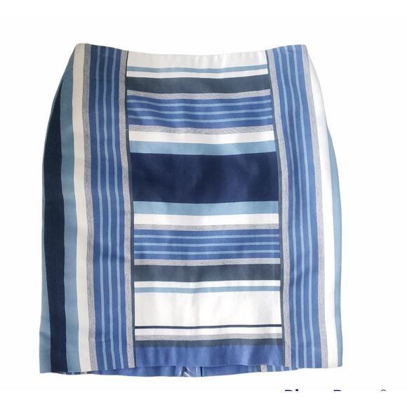 J. McLaughlin Martinique Skirt Pencil Blue Striped Rayon White 6 - Picture 1 of 10